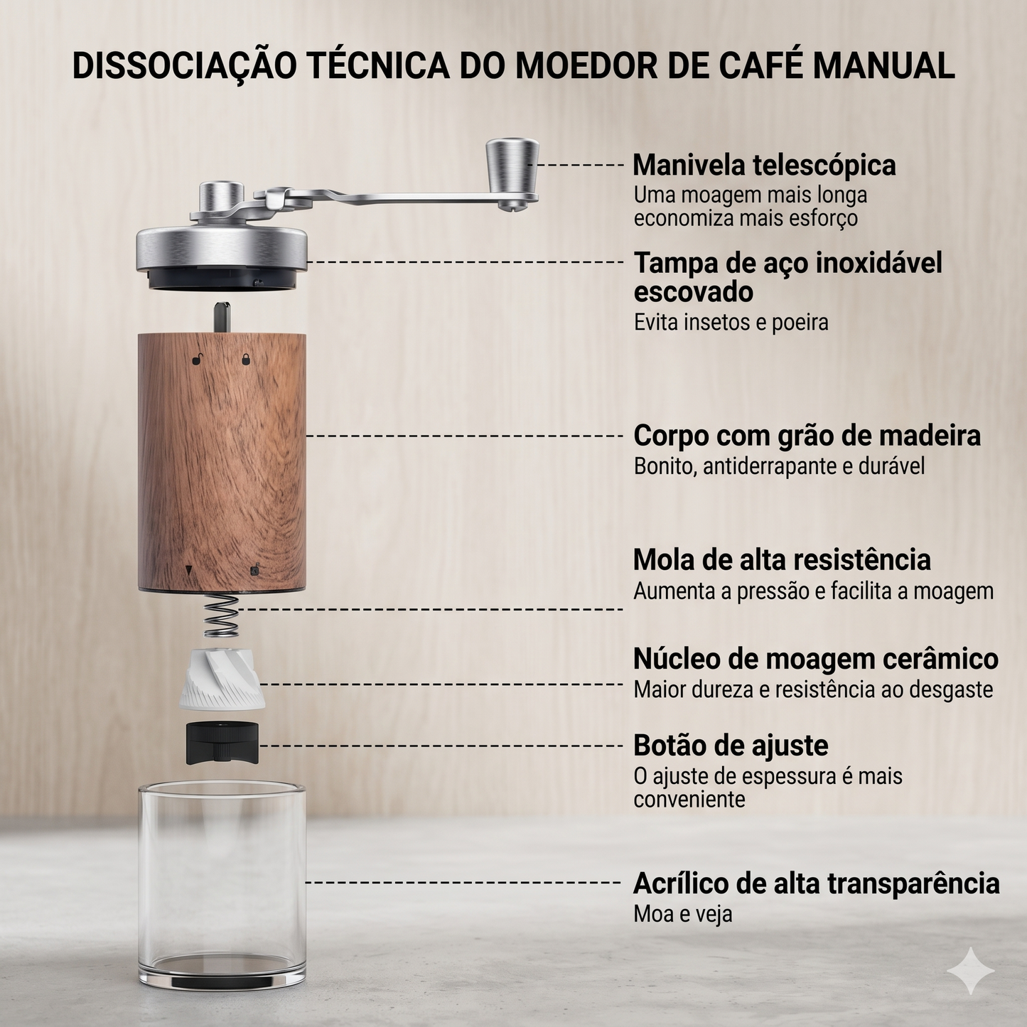 Moedor de Café Manual em Aço Inoxidável e Madeira Nobre Kazaen
