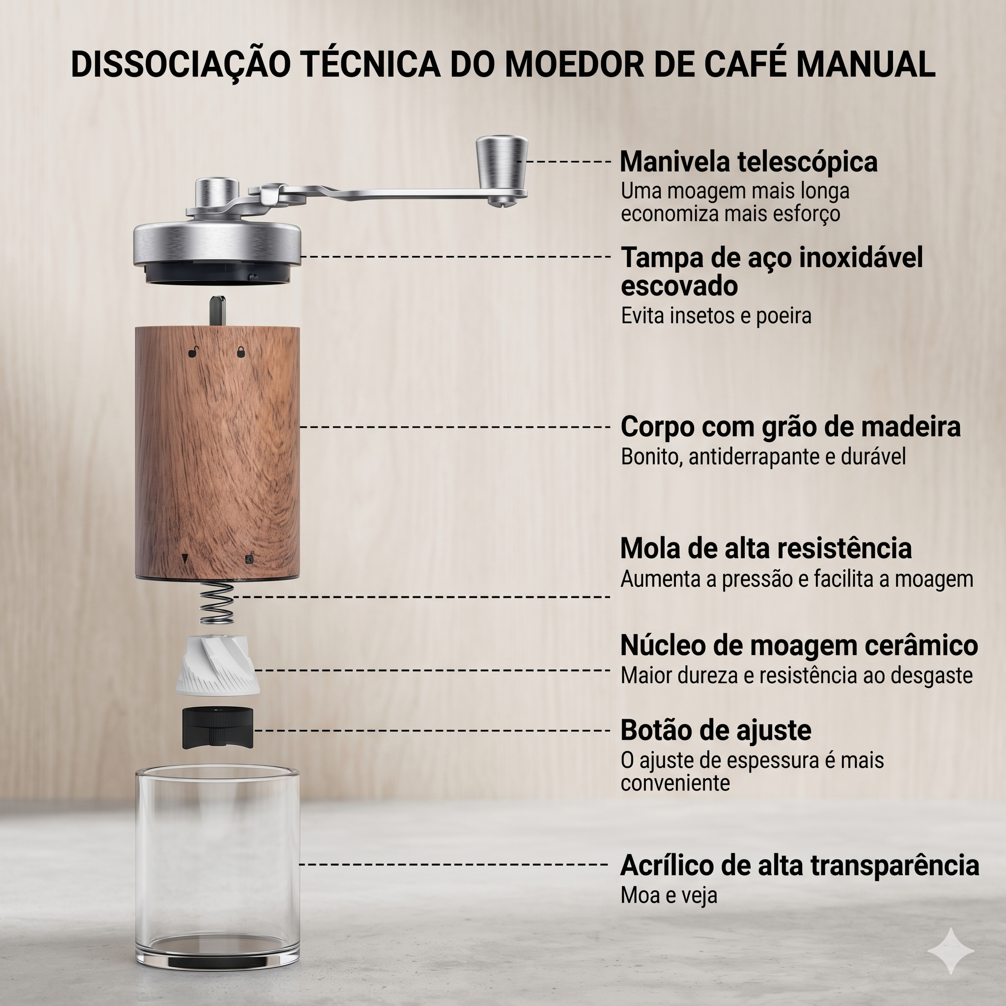 Moedor de Café Manual em Aço Inoxidável e Madeira Nobre Kazaen