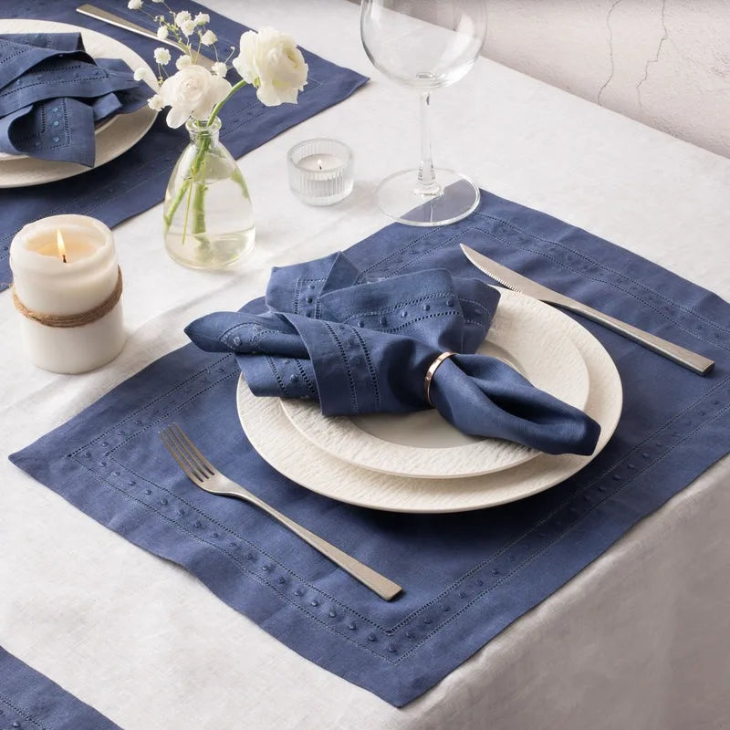 Conjunto de Guardanapos em Linho Natural e Azul Marinho Kazaen