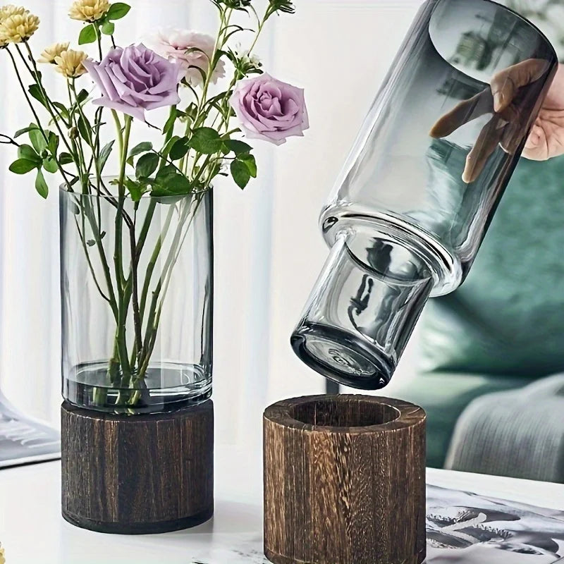 Vaso de Vidro Cristal com Base de Madeira Nobre Kazaen