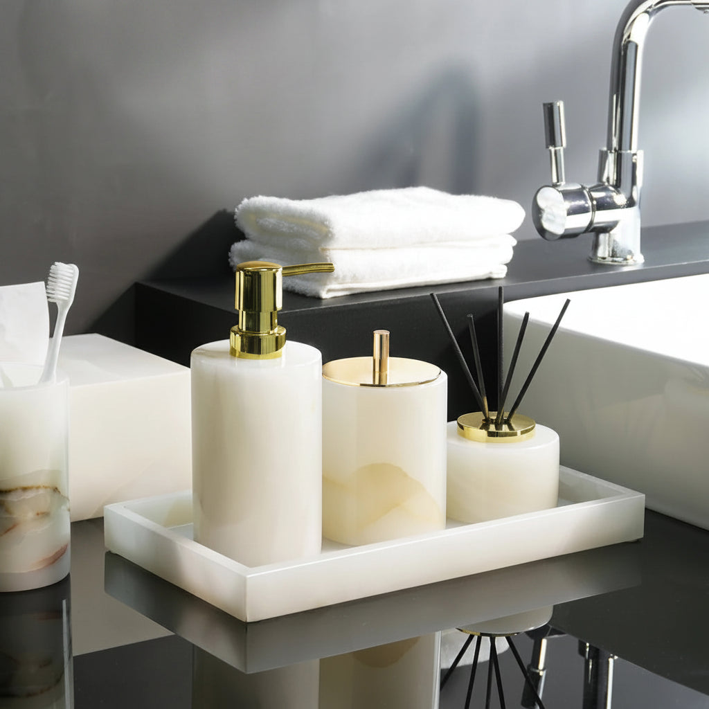 Conjunto de Acessorios para Banheiro em Marmore Onix Branco Kazaen