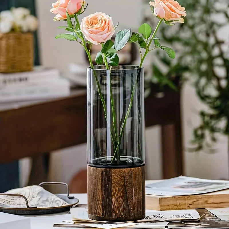 Vaso de Vidro Cristal com Base de Madeira Nobre Kazaen