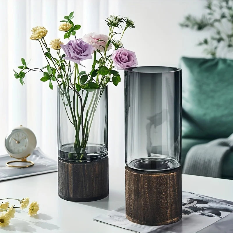 Vaso de Vidro Cristal com Base de Madeira Nobre Kazaen