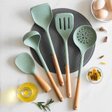 Conjunto de Utensílios de Cozinha em Silicone e Madeira Nobre Kazaen