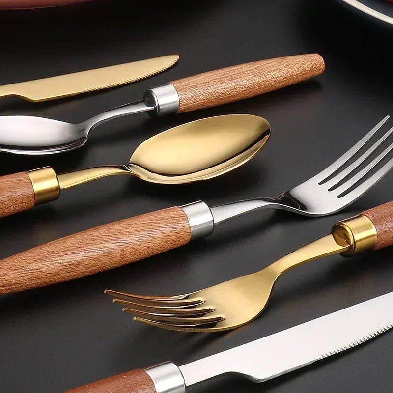 Conjunto de Talheres em Inox e Madeira Nobre Kazaen - 4 Peças