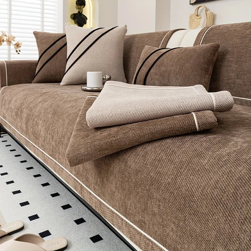 Manta de sofá em chenille antiderrapante com costura decorativa bege Kazaen