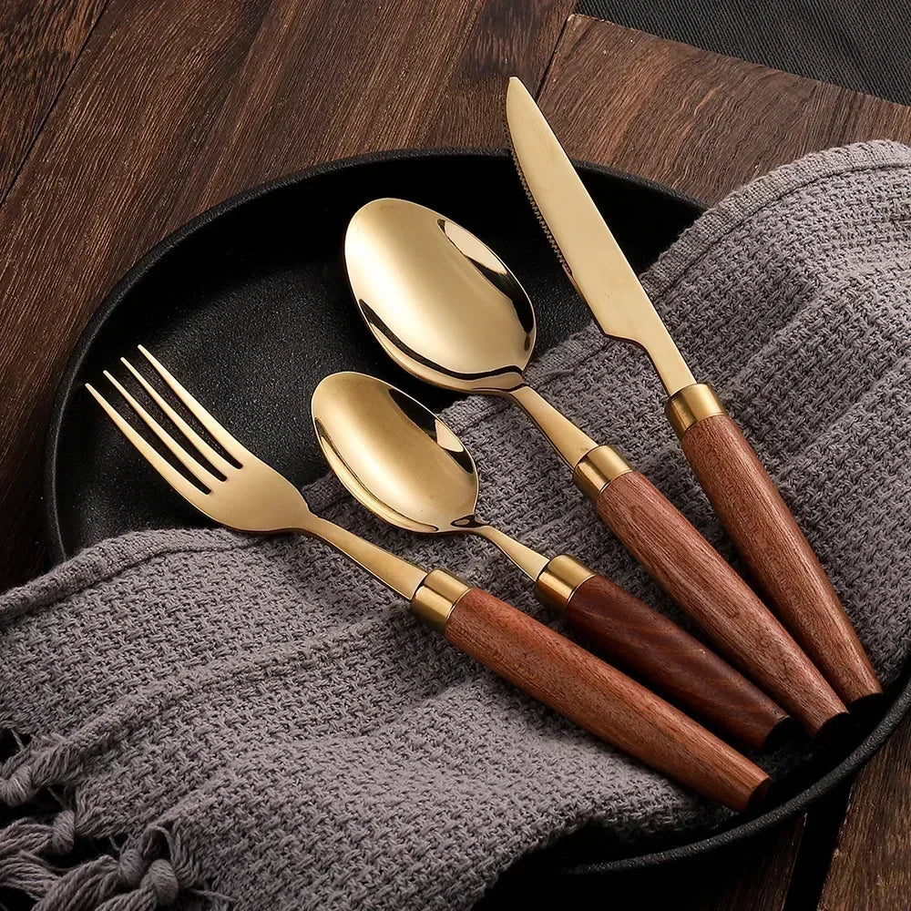 Conjunto de Talheres em Inox e Madeira Nobre Kazaen - 4 Peças
