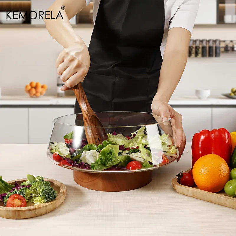 Tigela de Salada de Vidro Soprado com Base de Madeira Kazaen