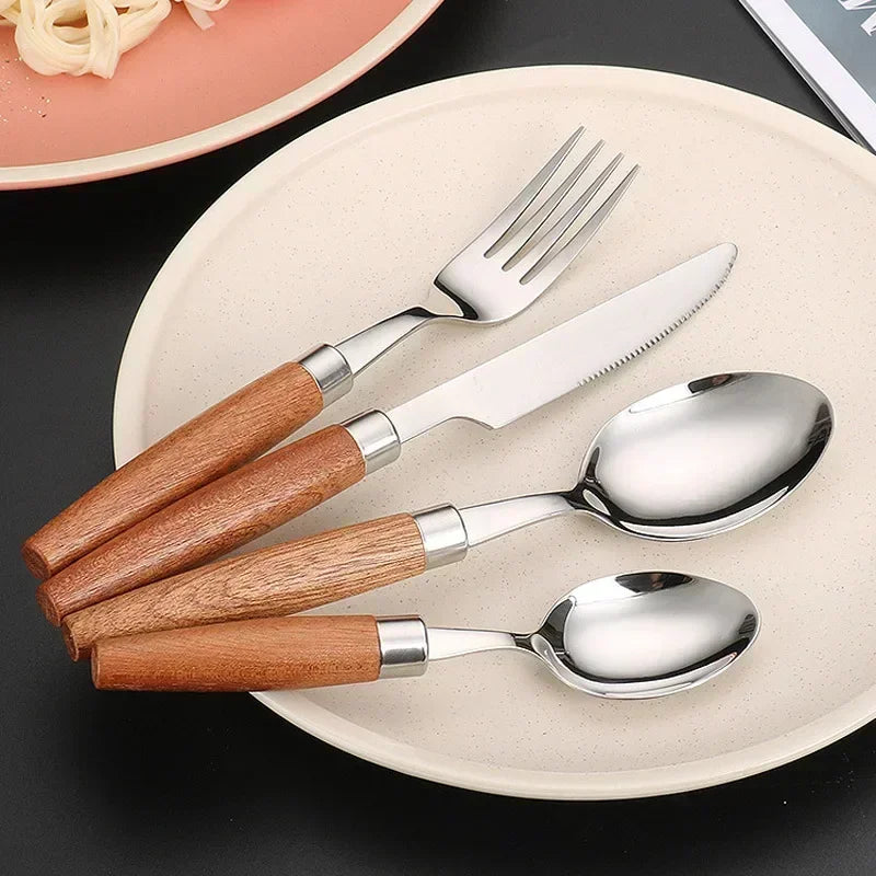 Conjunto de Talheres em Inox e Madeira Nobre Kazaen - 4 Peças