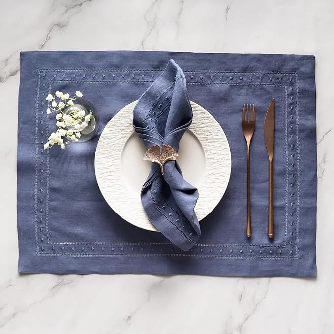 Conjunto de Guardanapos em Linho Natural e Azul Marinho Kazaen