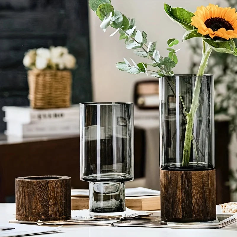 Vaso de Vidro Cristal com Base de Madeira Nobre Kazaen
