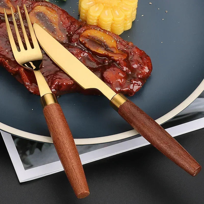 Conjunto de Talheres em Inox e Madeira Nobre Kazaen - 4 Peças