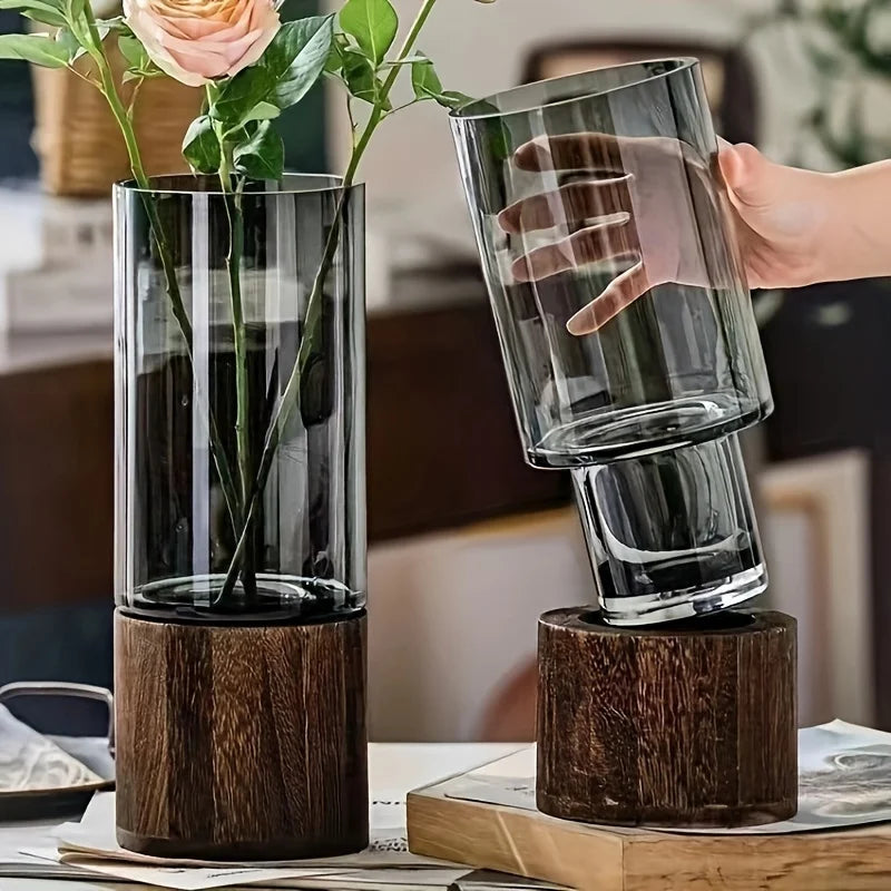 Vaso de Vidro Cristal com Base de Madeira Nobre Kazaen