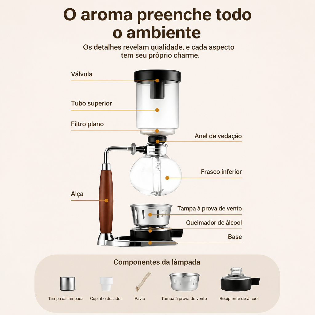 Sifão de Café em Vidro Cristalino com Cabo em Madeira Kazaen