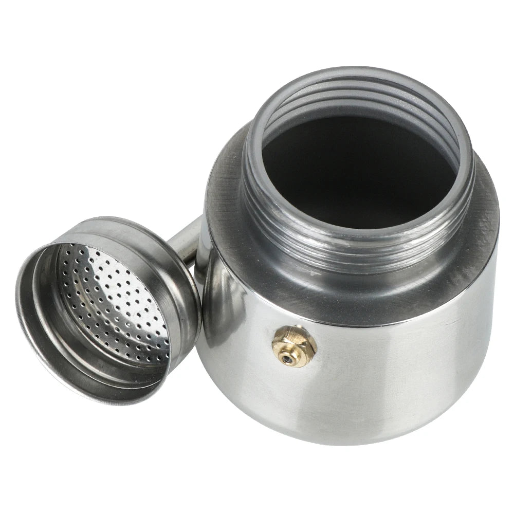 Cafeteira moka de aço inox desmontada mostrando o funil Kazaen