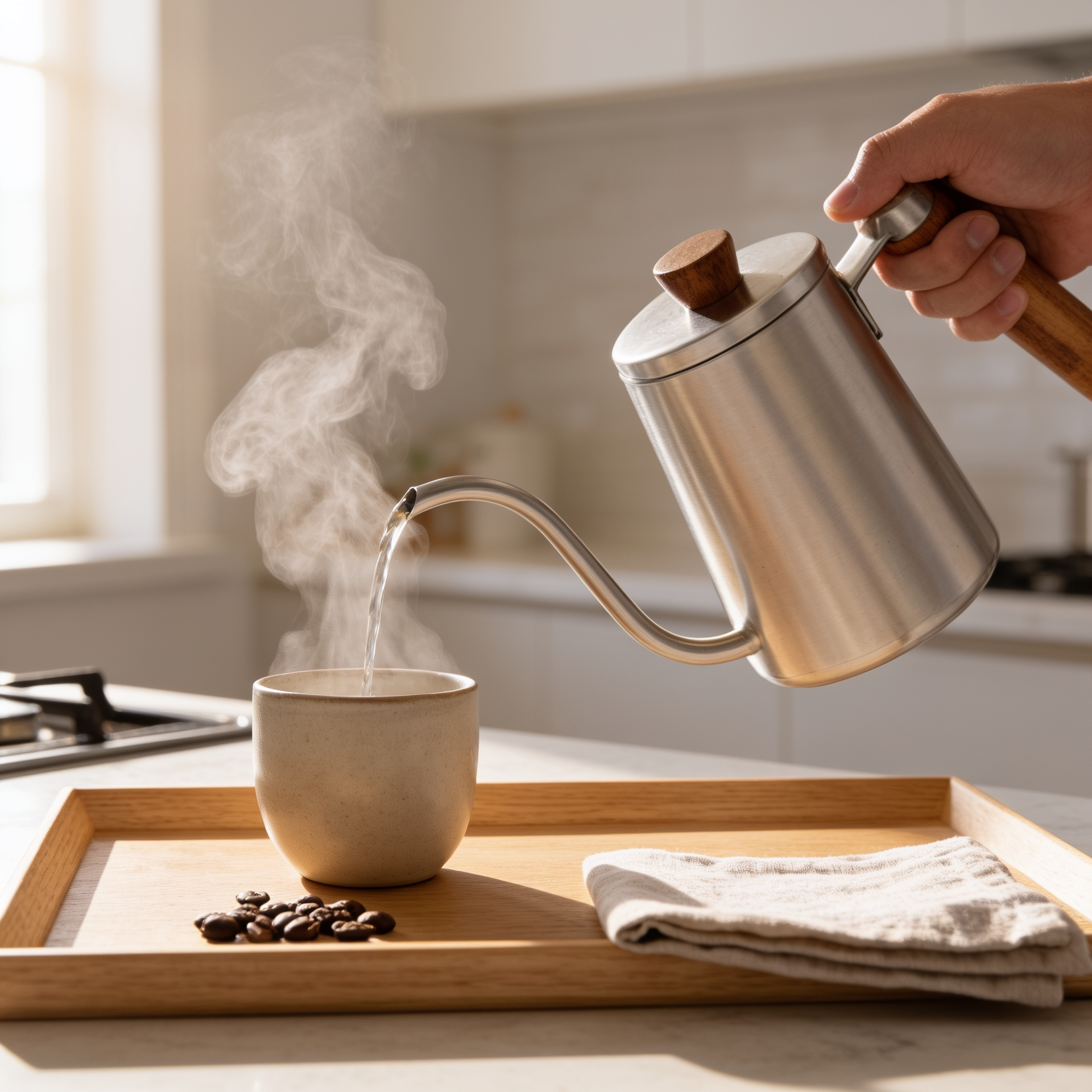 Chaleira Gooseneck em Aço Inoxidável 600ml com Punho de Madeira Kazaen