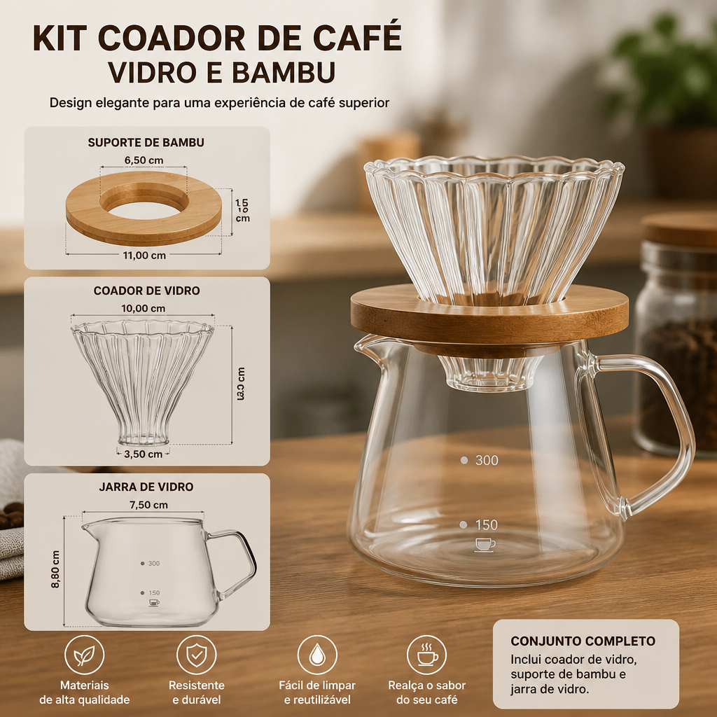 Conjunto de Cafeteira Pour Over em Vidro e Aço Inoxidável Kazaen
