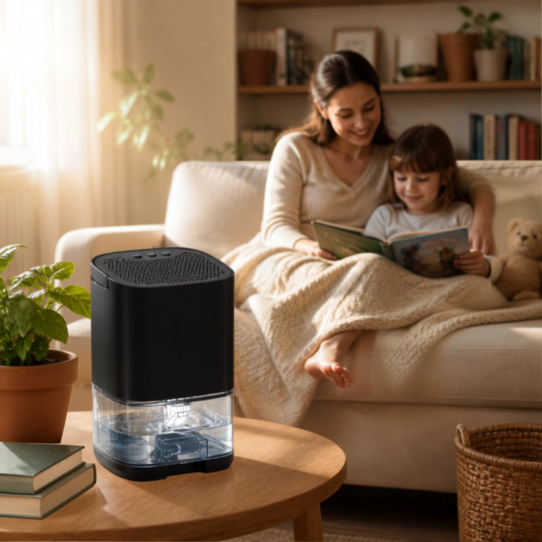 Desumidificador portátil preto no quarto controlando umidade Kazaen