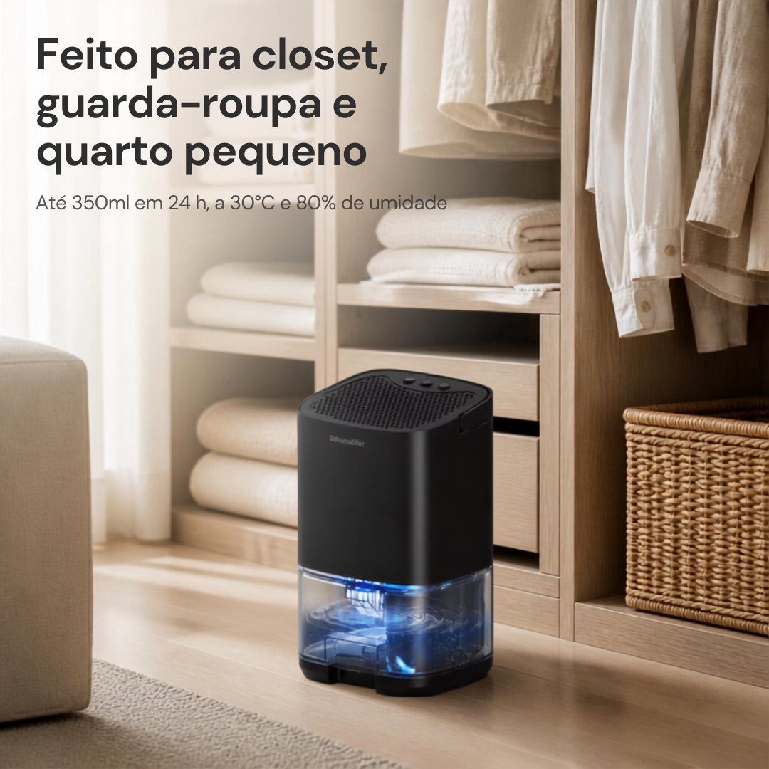 Desumidificador de ar preto sobre móvel do quarto Kazaen