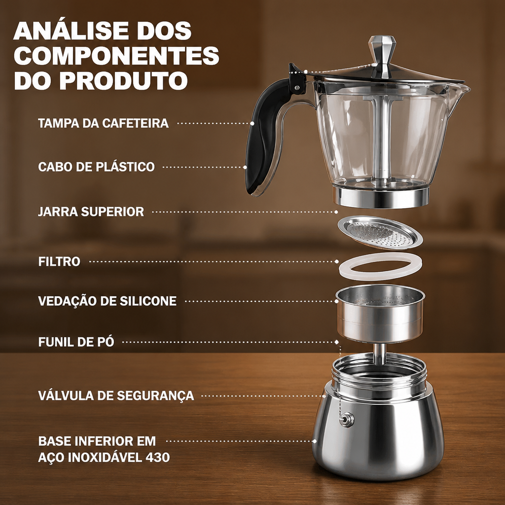 Moka Transparente em Aco Inoxidavel Kazaen