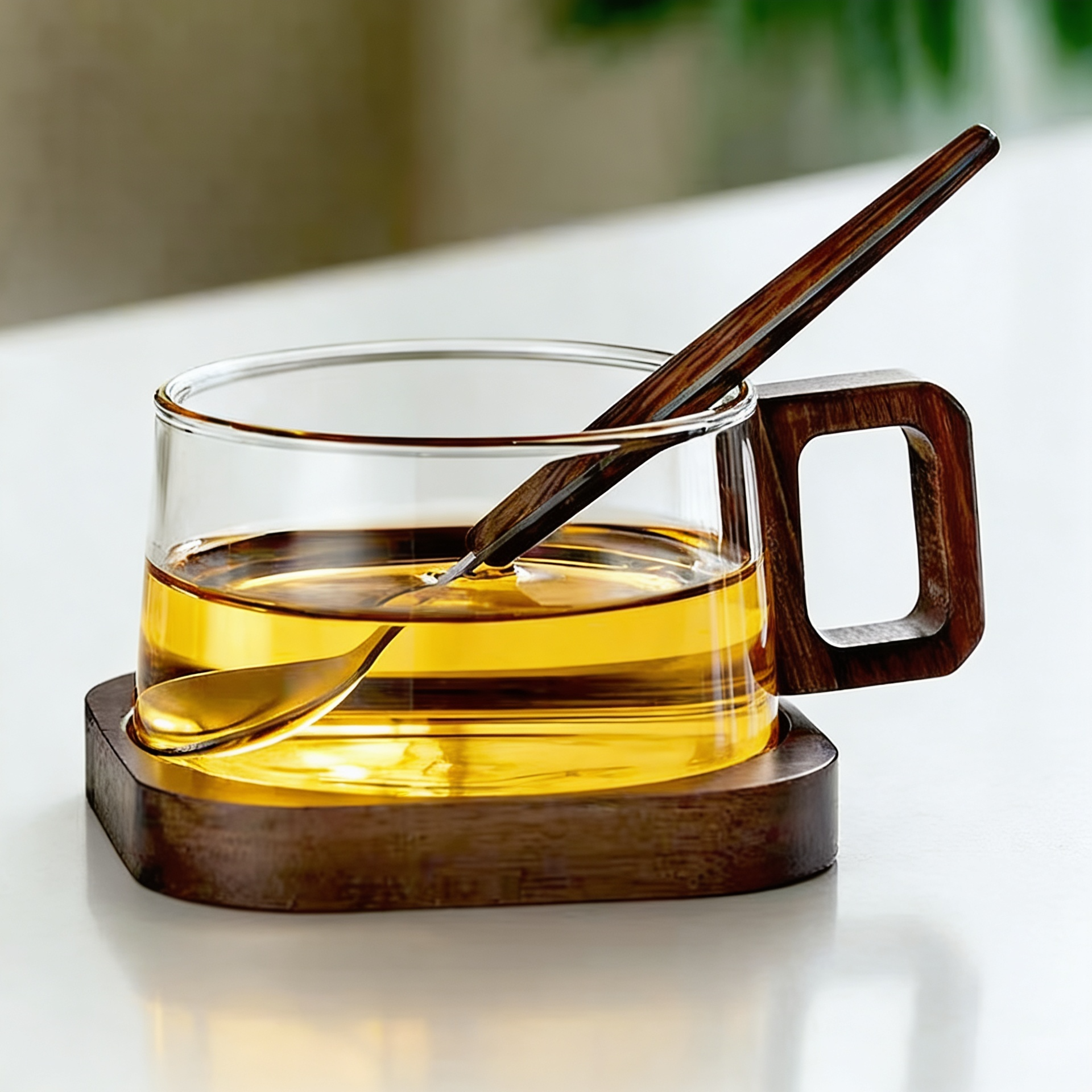 Caneca de Café Americano de vidro com Bandeja de Madeira Kazaen