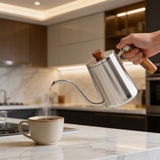 Chaleira Gooseneck em Aço Inoxidável 600ml com Punho de Madeira Kazaen