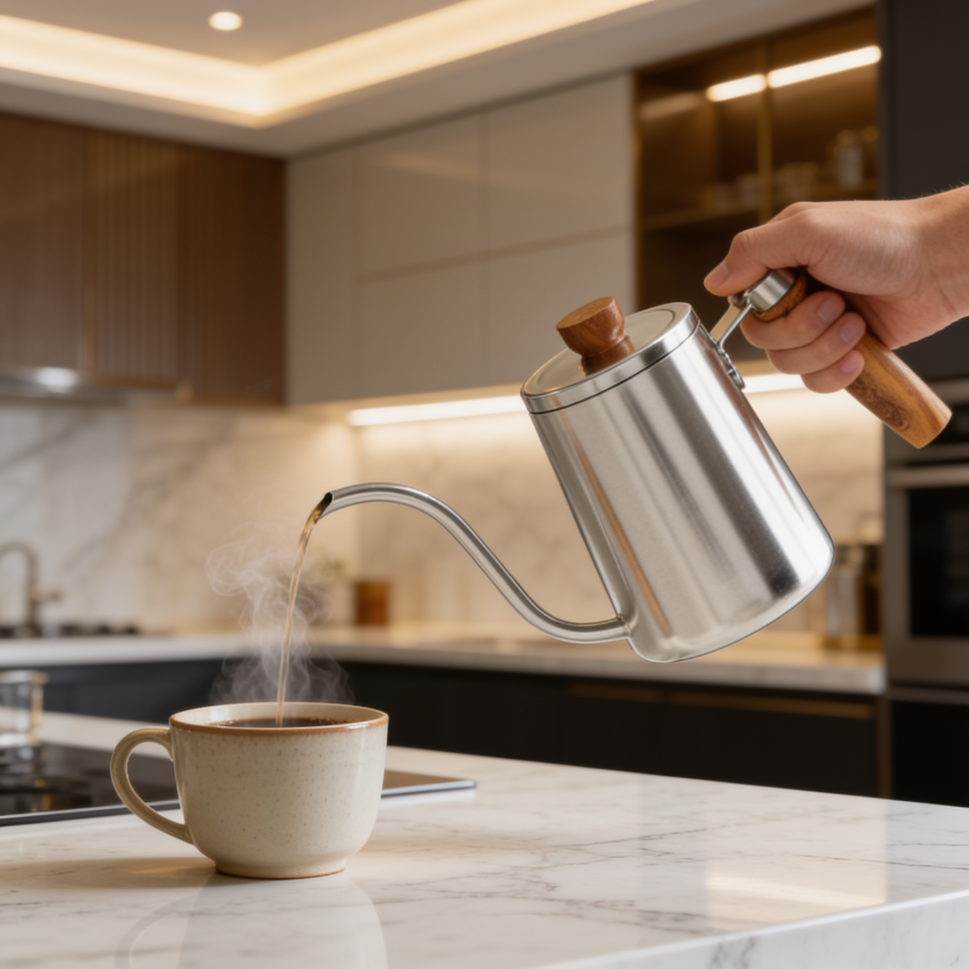 Chaleira Gooseneck em Aço Inoxidável 600ml com Punho de Madeira Kazaen