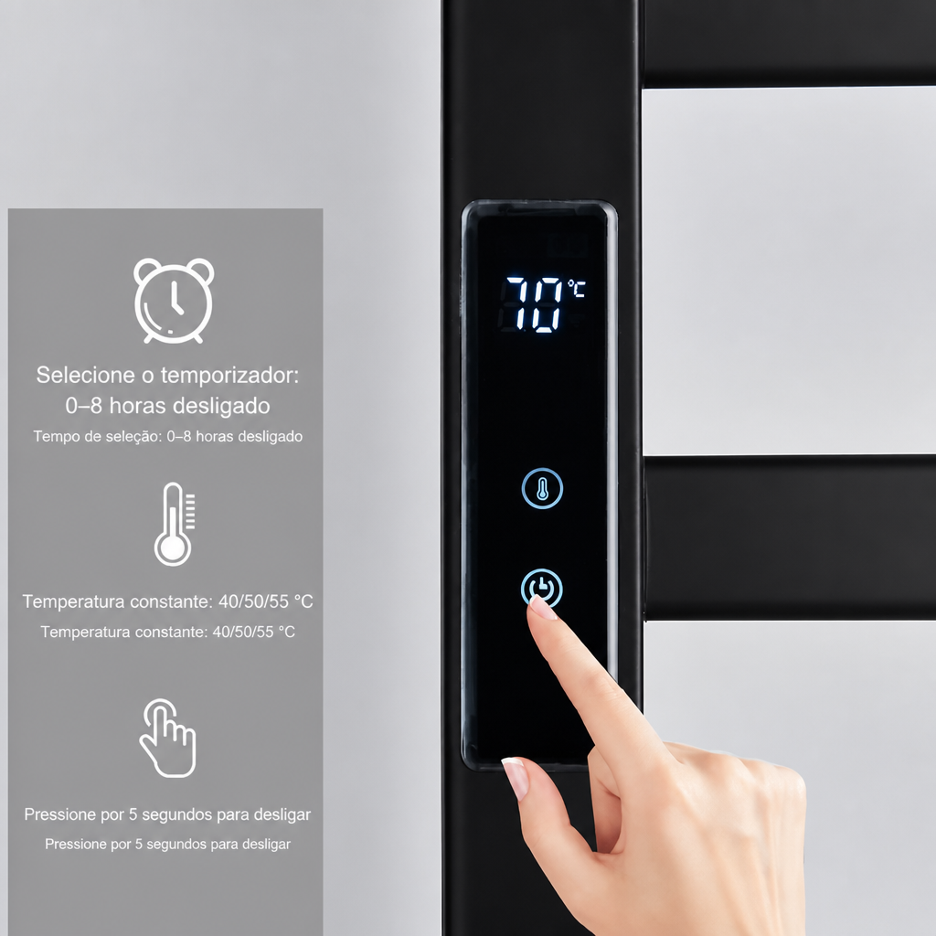 Toalheiro Eletrico Touchscreen em Preto com Economia de Energia Kazaen