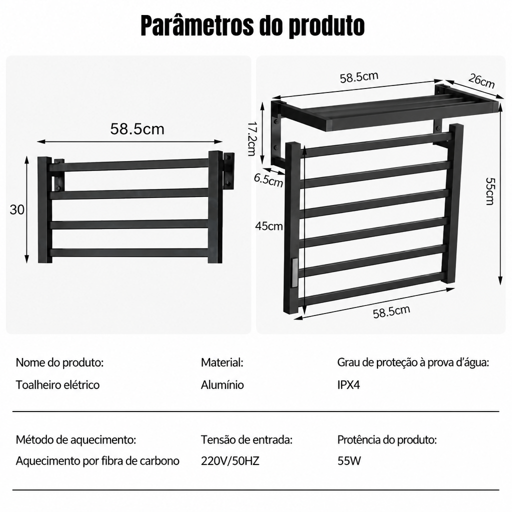 Toalheiro Eletrico Touchscreen em Preto com Economia de Energia Kazaen